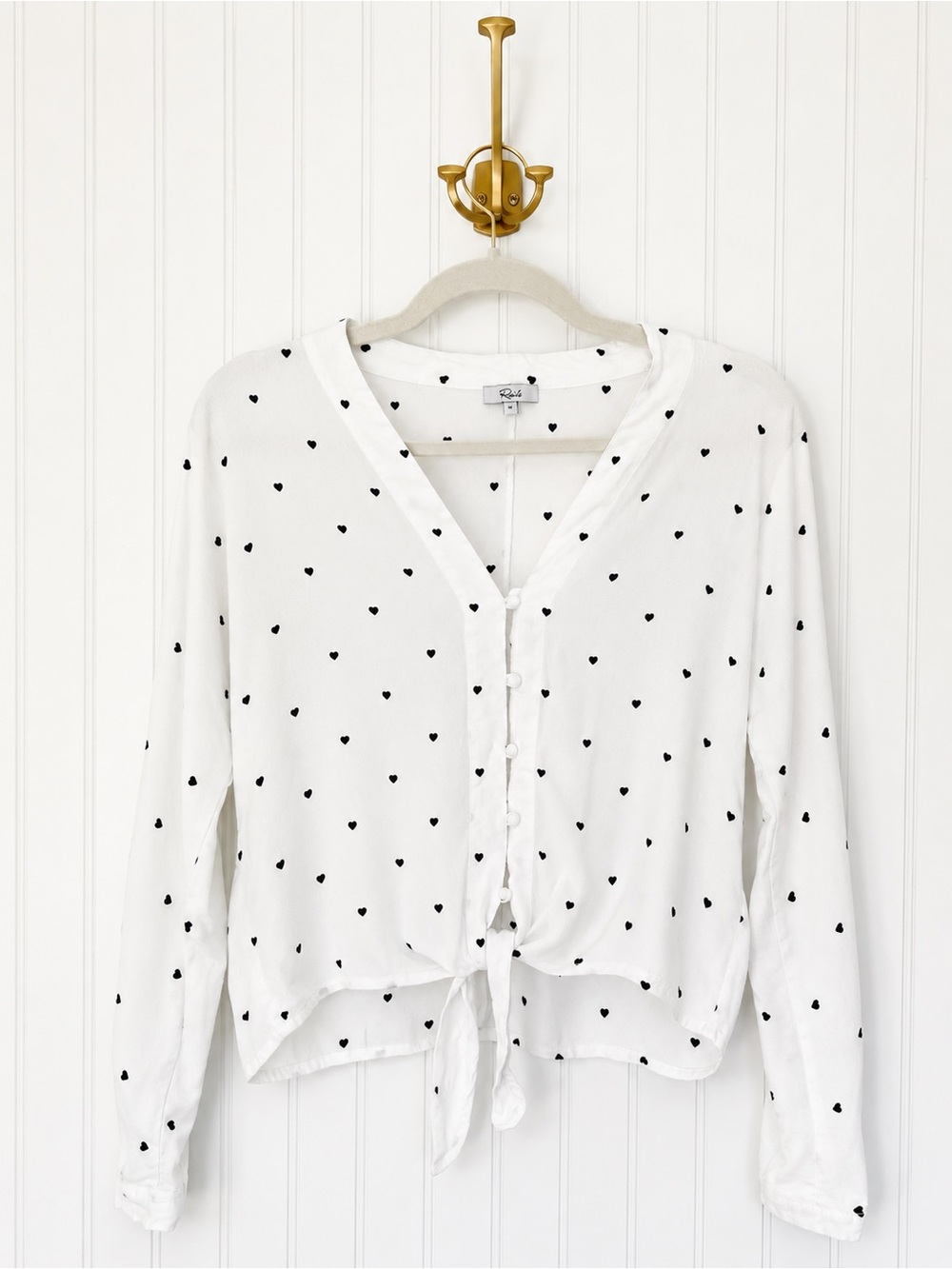 Rails Sloane White Black Heart Print Tie Front Blouse Size M